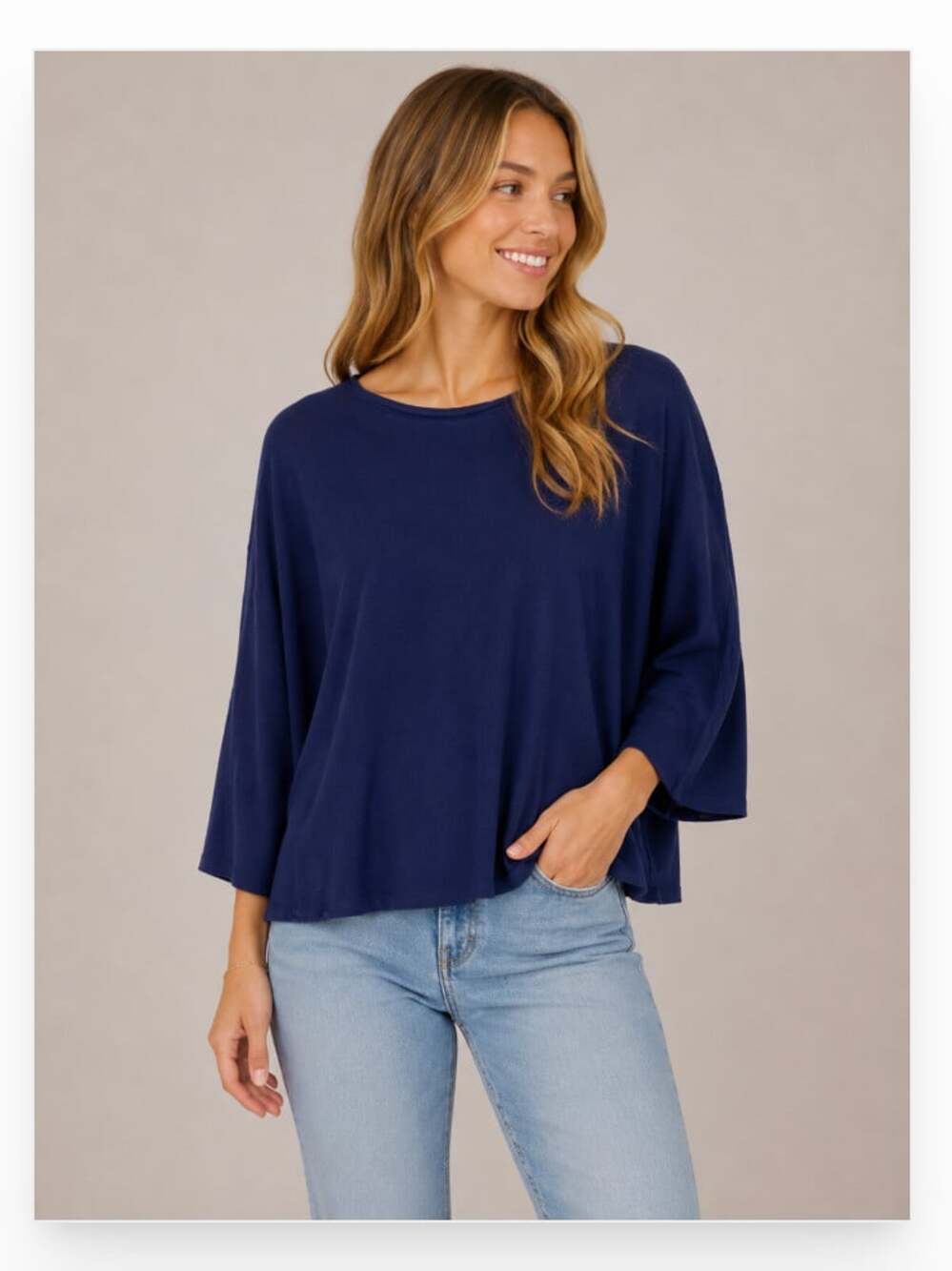 LABO.ART Shirt Womens Small Blue Linen Blend Boat Neck 3/4 Sleeve Jersey Tee Top